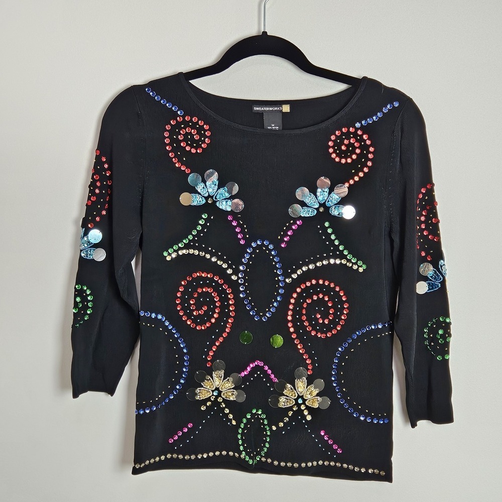 Sweaterworks Women's Size‎ M Embellished Top Knit Sequin Colorful Blouse